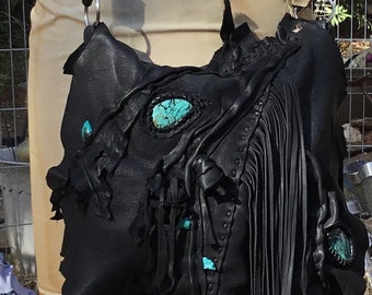 showdiva designs Asymmetrical Black Deerskin Leather Bag Purse LoNg FriNgE Faux Turquoise Vine