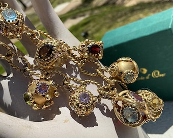 Arte D Oro Italian 18k Gold Multigem 8 Lantern Charm Bracelet 48g