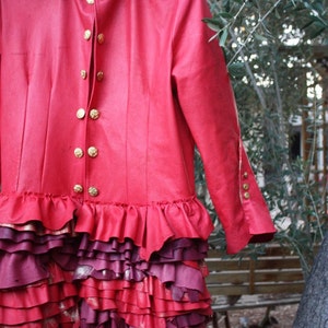 showdiva designs STUNNING Distressed Red Leather Military Inspired Coat Asymmetrical Ruffles image 4