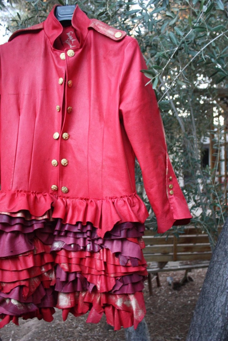 showdiva designs STUNNING Distressed Red Leather Military Inspired Coat Asymmetrical Ruffles image 4