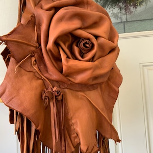 showdiva designs Asymmetrical LARGE Deerskin Leather Bag Notebook Purse LoNg FriNgE n Hand Sculpted Flowers