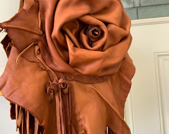 showdiva designs Asymmetrical LARGE Deerskin Leather Bag Notebook Purse LoNg FriNgE n Hand Sculpted Flowers