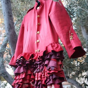 showdiva designs STUNNING Distressed Red Leather Military Inspired Coat Asymmetrical Ruffles image 1