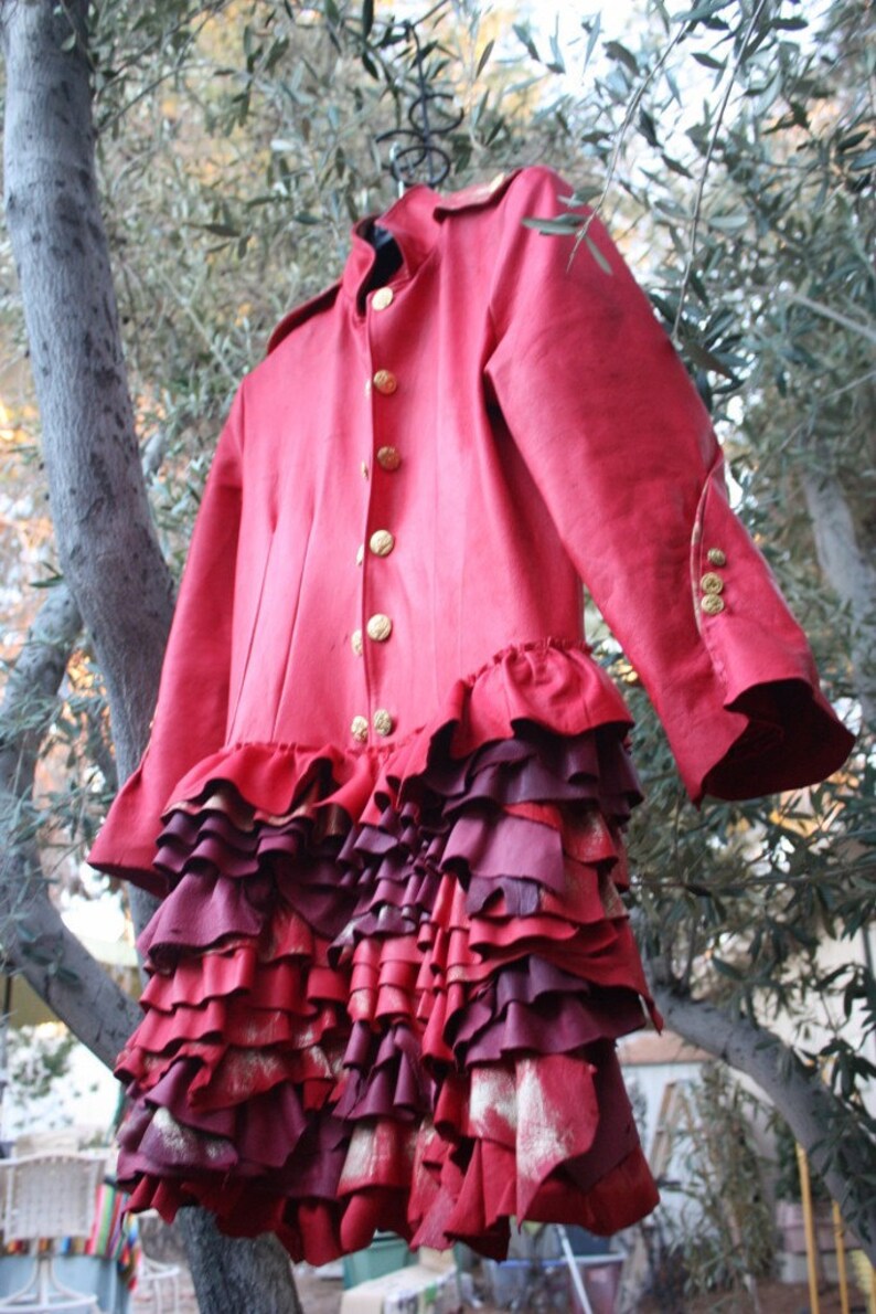 showdiva designs STUNNING Distressed Red Leather Military Inspired Coat Asymmetrical Ruffles image 1