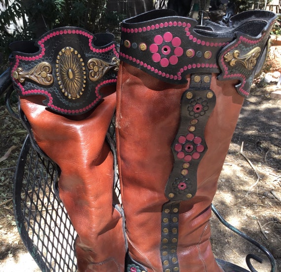 Runway Anna Sui Boots Beautiful Inlaid Embossed Tooled Flower
