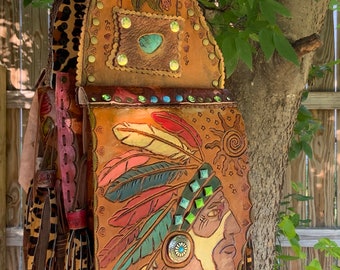 showdiva designs Leather Hand Tooled n Painted Saddlebag Purse with Turquoise Stones Tassels Eagle Native American