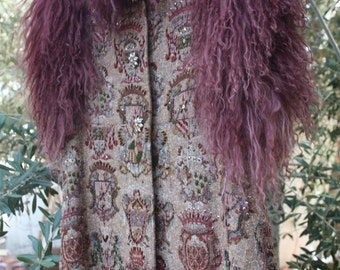 MASTERPIECE Vintage Sara Fredericks Designer High Sparkle GLASS Beaded Crests Maxi Coat Vest Lamb Trim