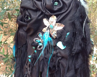 showdiva designs Large Black  Leather Bag Purse Tote LoNg Toscana FriNgE n Sterling flower n Hand Sculpted Flowers