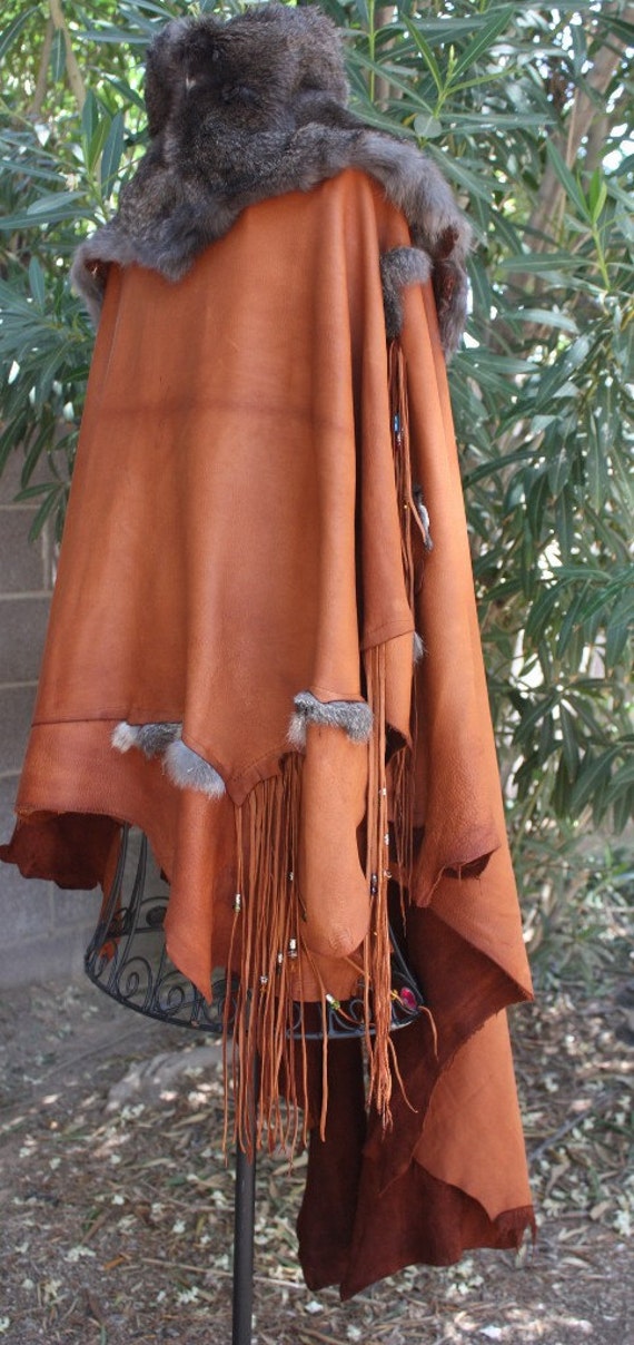 Showdiva Designs Leather Cape Poncho Rabbit Collar Capelet Beaded