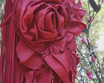 showdiva designs Asymmetrical Deerskin Leather Bag Purse Fring n Hand Sculpted Flowers