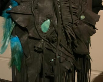 showdiva designs Asymmetrical Black Deerskin Leather Bag Purse LoNg FriNgE Turquoise Vine crossbody shoulderbag