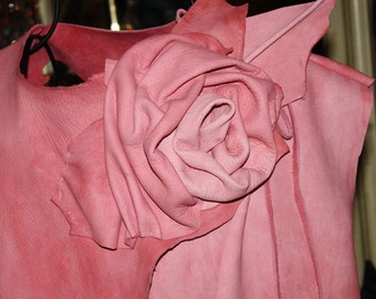 showdiva designs Distressed Pink Leather Asymmetrical Vest with Sculpted Rose