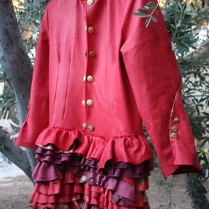 showdiva designs STUNNING Distressed Red Leather Military Inspired Coat Asymmetrical Ruffles image 5