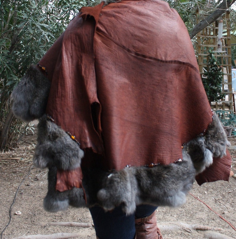 Showdiva Designs Leather Cape Trimmed With Rabbit and Glass Beads Etsy