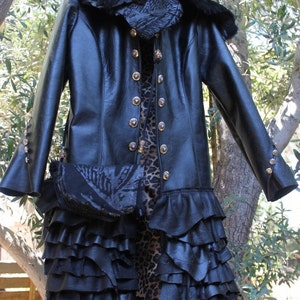 showdiva designs Distressed Black Leather Military Inspired Coat Asymmetrical Ruffles Shearling Detach Collar image 2