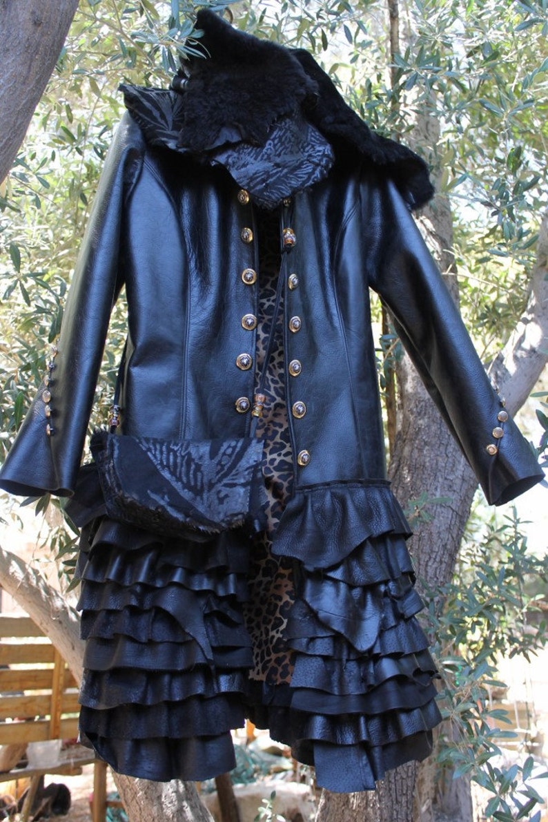 showdiva designs Distressed Black Leather Military Inspired Coat Asymmetrical Ruffles Shearling Detach Collar image 2