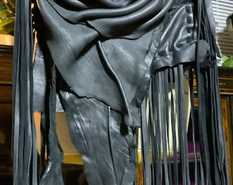 showdiva designs Asymmetrical Large Black Deerskin Leather Bag Purse LoNg FriNgE n Hand Sculpted Flowers