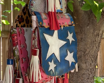 SALE READY to SHIP showdiva designs Stars and Stripes Leather Hand Tooled and Painted Saddlebag Purse with Tassels Galore