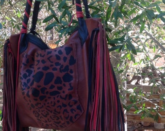 showdiva designs Dramatic Oversized Leather Fringed Handbag Tote Purse with Hand Painted Leopard Pocket Fringe Beads
