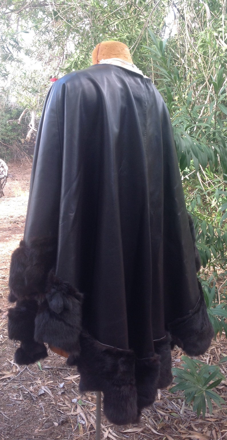 Showdiva Designs Leather Lambskin Cape Trimmed With Rabbit Etsy
