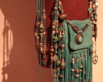 showdiva designs RoCknRoLL  Leather  Fringed Bag Purse Belt with Silver n Turquoise Beads