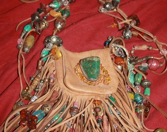 showdiva designs Medicine Bag Belt Necklace Turquiose and n TONS Fringe n Beads Galore