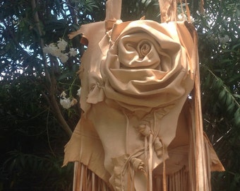 showdiva designs Asymmetrical Deerskin Leather Bag Purse LoNg FriNgE n Hand Sculpted Flowers