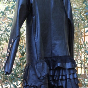 showdiva designs Distressed Black Leather Military Inspired Coat Asymmetrical Ruffles Shearling Detach Collar image 5