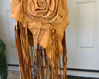 showdiva designs Asymmetrical LARGE Deerskin Leather Bag Notebook Purse LoNg FriNgE n Hand Sculpted Flowers