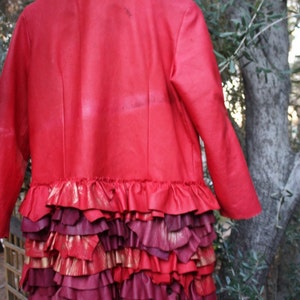 showdiva designs STUNNING Distressed Red Leather Military Inspired Coat Asymmetrical Ruffles image 2