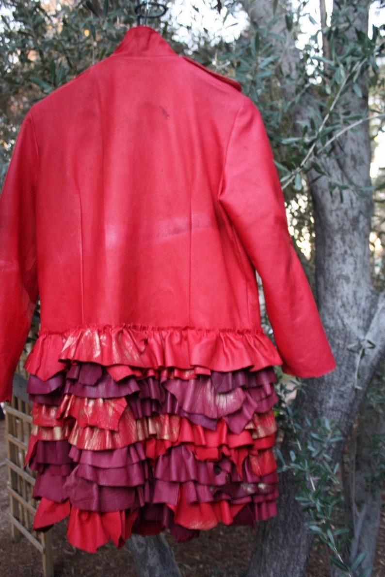 showdiva designs STUNNING Distressed Red Leather Military Inspired Coat Asymmetrical Ruffles image 2