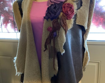 showdiva Shearling asymmetrical Vest with Sculpted Rose Vine