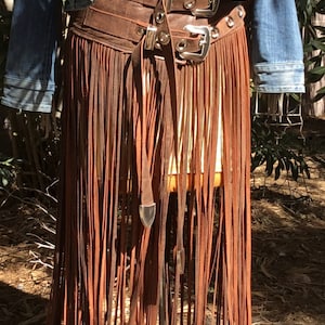 showdiva designs READY to SHIP Floor Length Leather Fringe tassel Belt or Skirt RoCk n RoLL BoHo CowGirL CHIC distressed brown