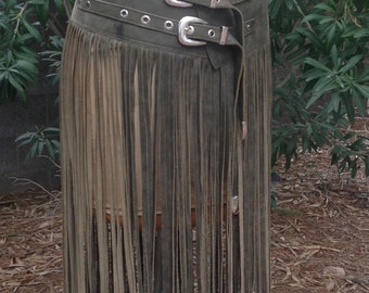 showdiva designs Floor Length Leather Fringe tassel Belt Skirt RoCk n RoLL BoHo CowGirL CHIC