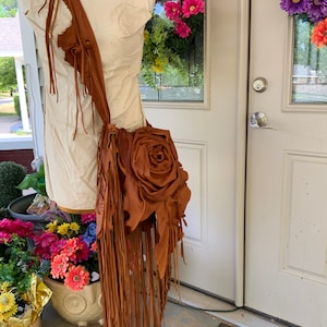 showdiva designs Asymmetrical Butterscotch Notebook Sized Leather Bag Purse LoNg FriNgE n Hand Sculpted Flowers