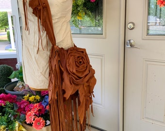 showdiva designs Asymmetrical Butterscotch Notebook Sized Leather Bag Purse LoNg FriNgE n Hand Sculpted Flowers