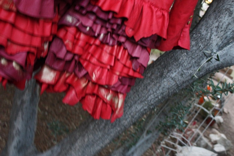 showdiva designs STUNNING Distressed Red Leather Military Inspired Coat Asymmetrical Ruffles image 3