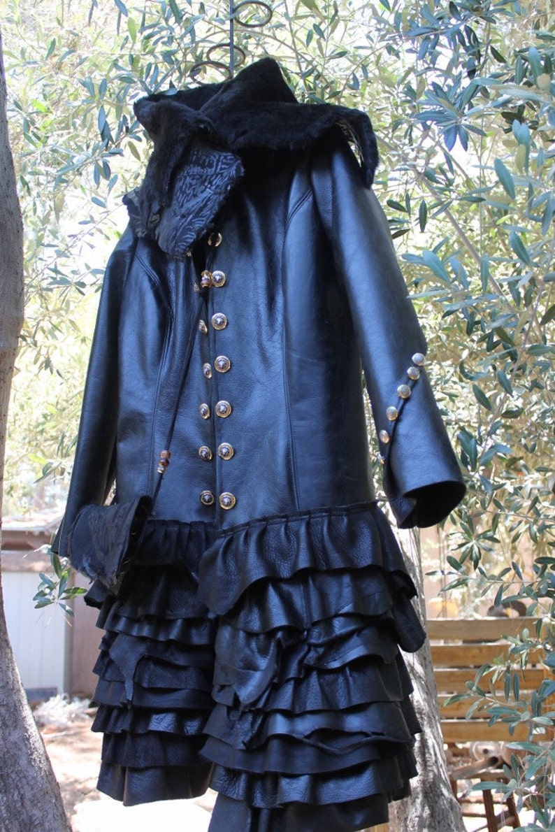 showdiva designs Distressed Black Leather Military Inspired Coat Asymmetrical Ruffles Shearling Detach Collar image 1