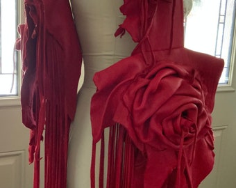 showdiva designs DoUbLe DRAMA ReD Saddlebag Purse Handbag Dripping with Fringe and Hand Sculpted Bag of Roses