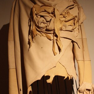 showdiva designs FaBuLoUs Chamois Color Asymmetrical Leather Jacket with Scupted Flowers Everywhere