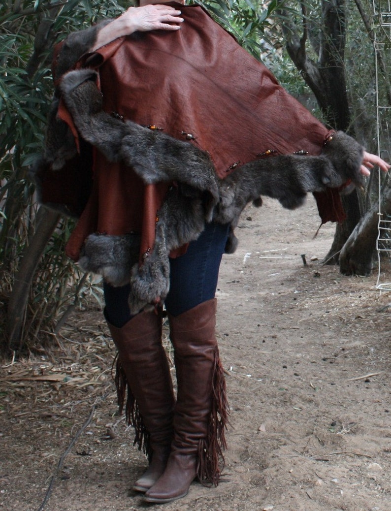 Showdiva Designs Leather Cape Trimmed With Rabbit and Glass Beads Etsy