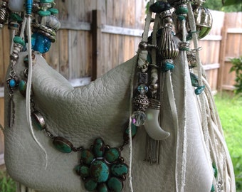 SOLD OUT showdiva designs RoCk n RoLL Leather Medicine Bag Purse Belt Fringe with Silver n Turquoise Beading