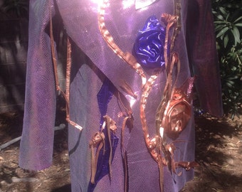 showdiva Designs Dramatic Asymmetrical Leather Coat with Hand Sculpted Garden Flowers and Vines