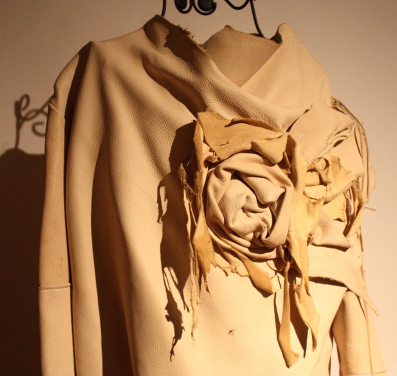 showdiva designs FaBuLoUs Chamois Color Asymmetrical Leather Jacket with Scupted Flowers Everywhere image 2