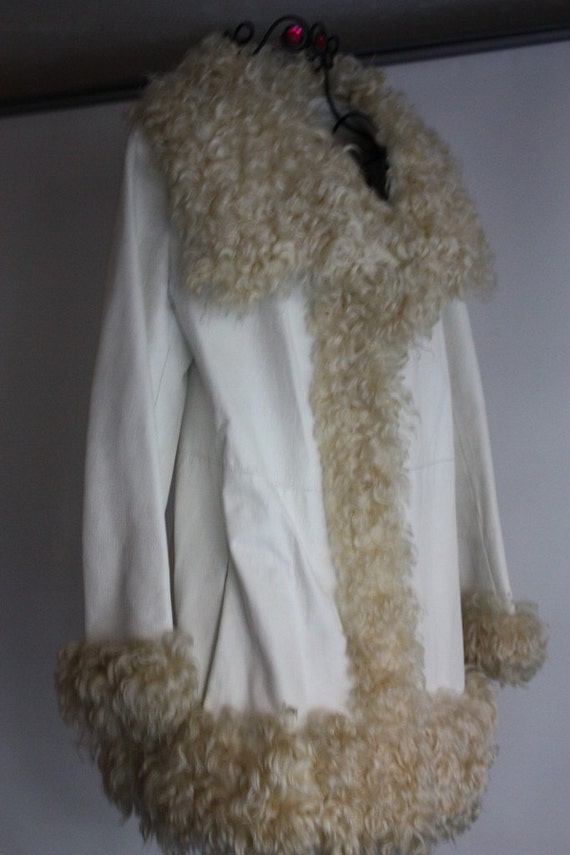 Vintage White Leather Coat Trimmed in Mongolian La