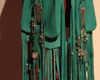 SOLD OUT showdiva designs Turquoise Leather Saddlebag Purse with Beaded Fringe to the FLooR