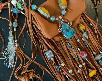 showdiva designs Medicine Bag Belt Necklace Turquiose and n TONS Fringe n Beads Galore