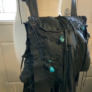 showdiva designs Asymmetrical Black Deerskin Leather Bag Purse LoNg FriNgE Turquoise Vine