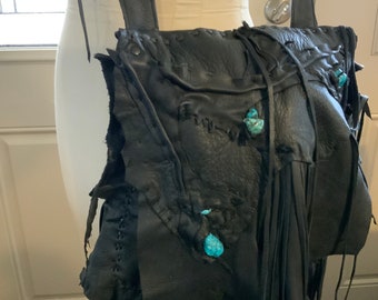 showdiva designs Asymmetrical Black Deerskin Leather Bag Purse LoNg FriNgE Turquoise Vine