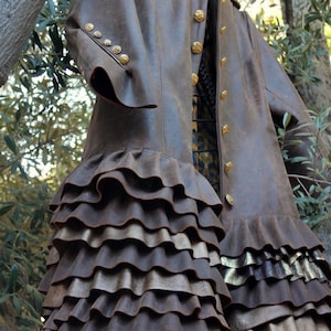 showdiva designs STUNNING Below Knee Length Brown Distressed Leather Military Coat  Asymmetrical Ruffles Hints of Gold